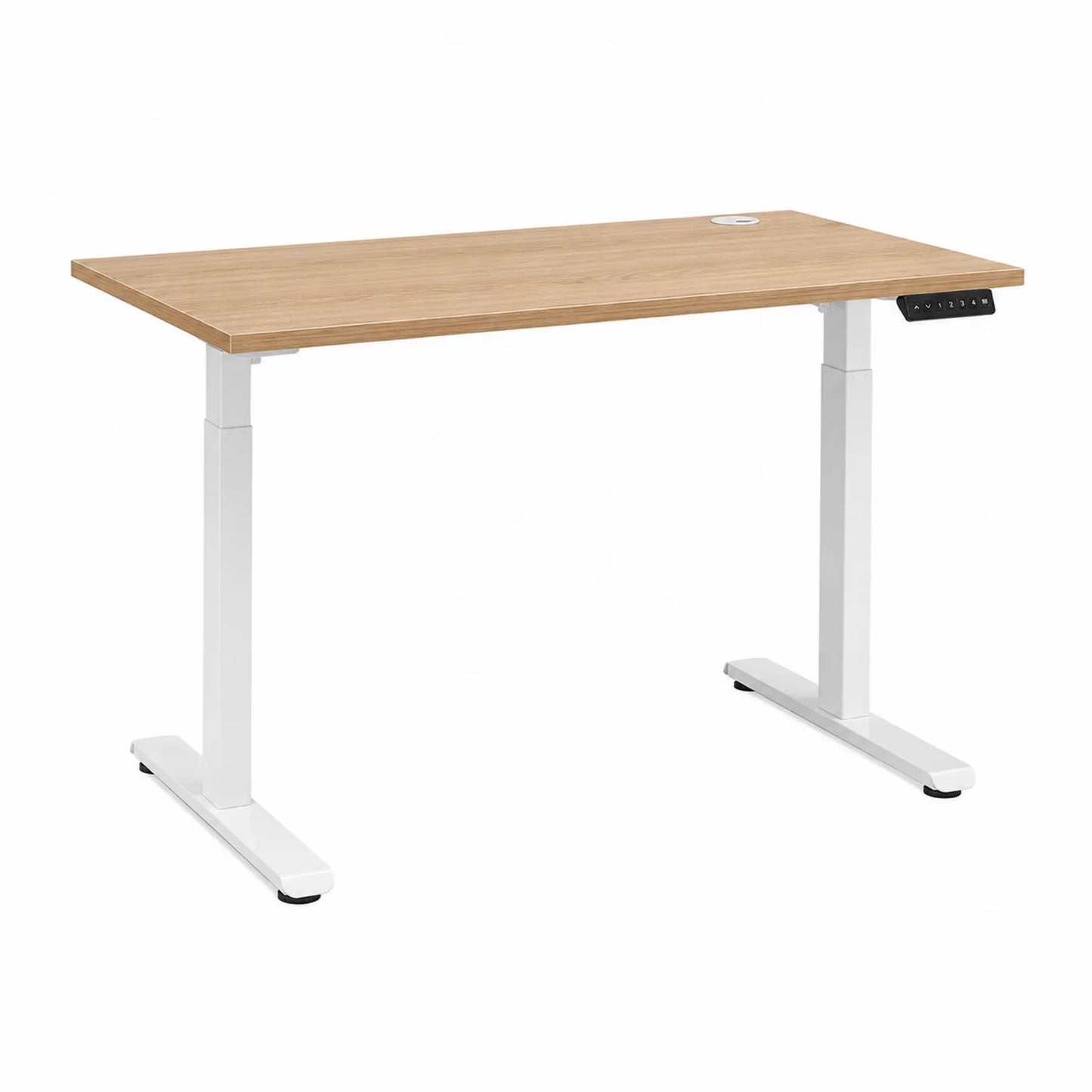 Biurko elektryczne regulowane 140 cm x 70 cm x 72-118 cm płyta wiórowa dąb jasny stal biała prostokątne