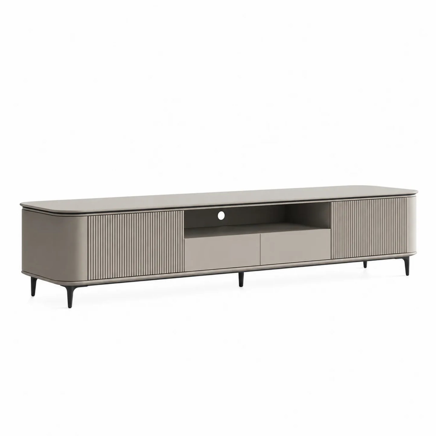 Szafka RTV 180 cm 40 cm 45 cm MDF płyta wiórowa laminowana kaszmirowy beż ryflowane fronty czarne nogi złote detale