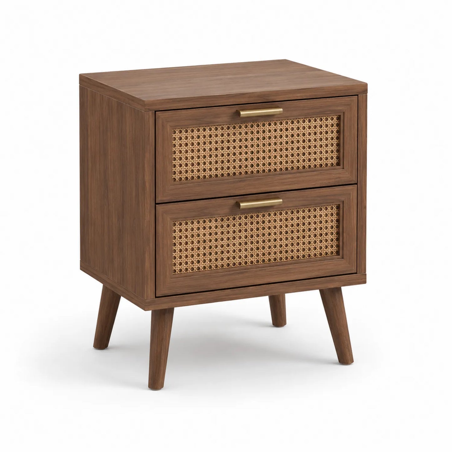 Szafka nocna 55 x 40 x 60 cm MDF fornir orzechowy rattan prostokątna brązowa z 2 szufladami i metalowym uchwytem
