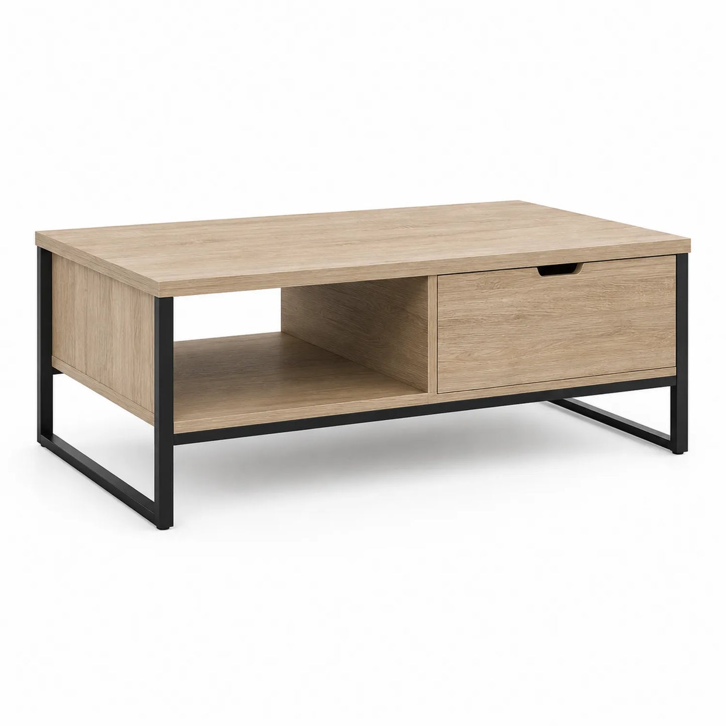 Stolik kawowy 110 x 55 x 45 cm MDF dąb naturalny czarny metalowa rama z szufladą i otwartą półką