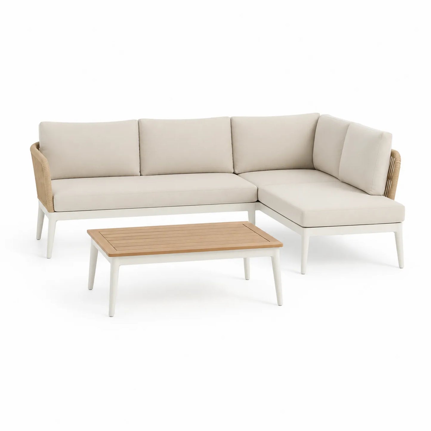 Zestaw mebli ogrodowych sofa narożna z funkcją leżanki i stolik kawowy aluminium drewno naturalne beżowy kremowy biały