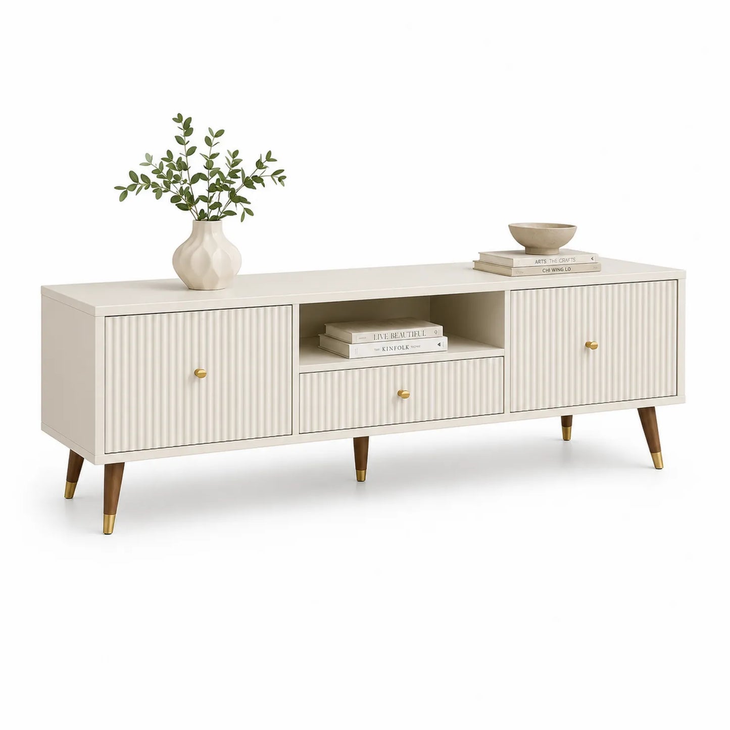 Szafka RTV stojąca MDF ryflowane fronty 180 x 40 x 55 cm MDF drewno kauczukowe kremowy brąz złoty