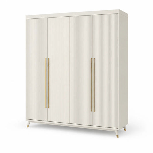 Szafa garderobiana czterodrzwiowa 180 x 55 x 210 cm płyta wiórowa MDF ryflowane fronty kremowa złota