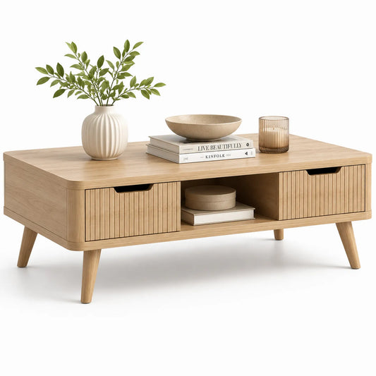 Stolik kawowy prostokątny MDF dąb naturalny jasne drewno 110 cm 55 cm 45 cm 2 szuflady 1 półka