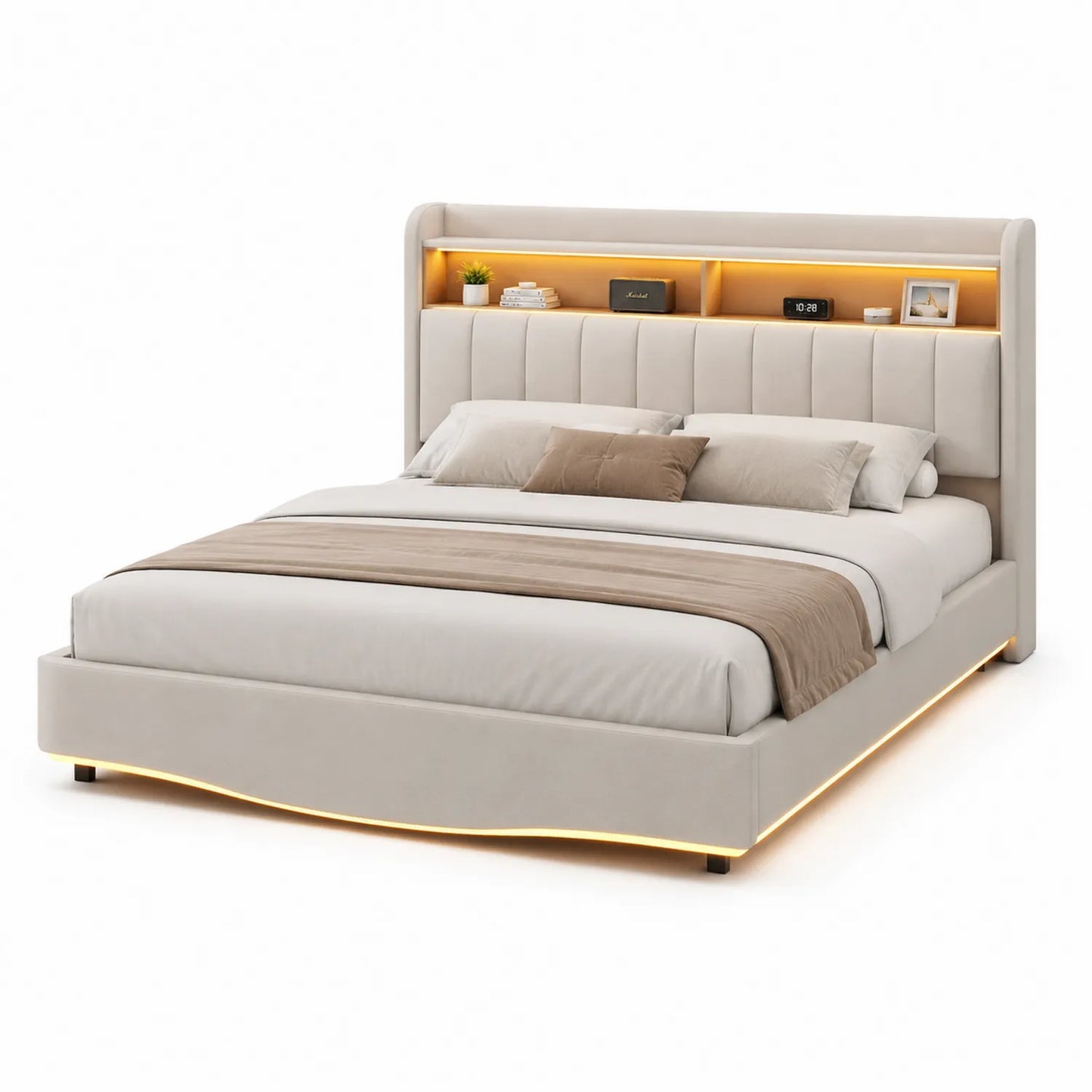 Łóżko tapicerowane 160 x 200 cm z LED MDF tkanina poliestrowa prostokątne kremowe czarne 218 x 172 x 115 cm z półką w zagłówku