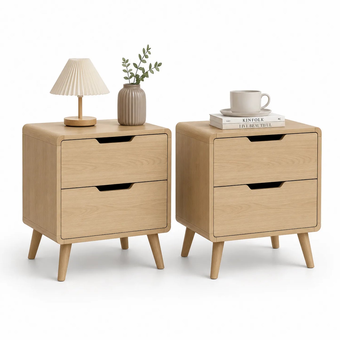 Zestaw 2 szafki nocne 45 x 40 x 55 cm MDF fornir dąb naturalny prostokątne z 2 szufladami i drewnianymi nogami