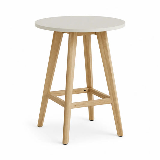 Stół barowy okrągły średnica 80 cm wysokość 105 cm MDF biały drewno kauczukowe jasne drewno