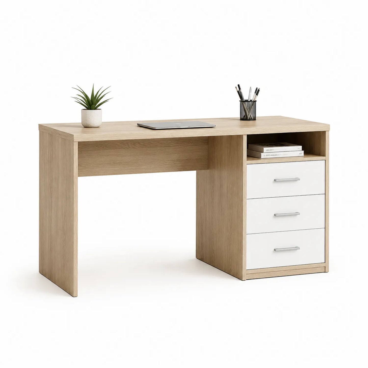 Biurko tradycyjne 120 x 50 x 76 cm płyta wiórowa laminowana jasny dąb białe szuflady srebrne uchwyty