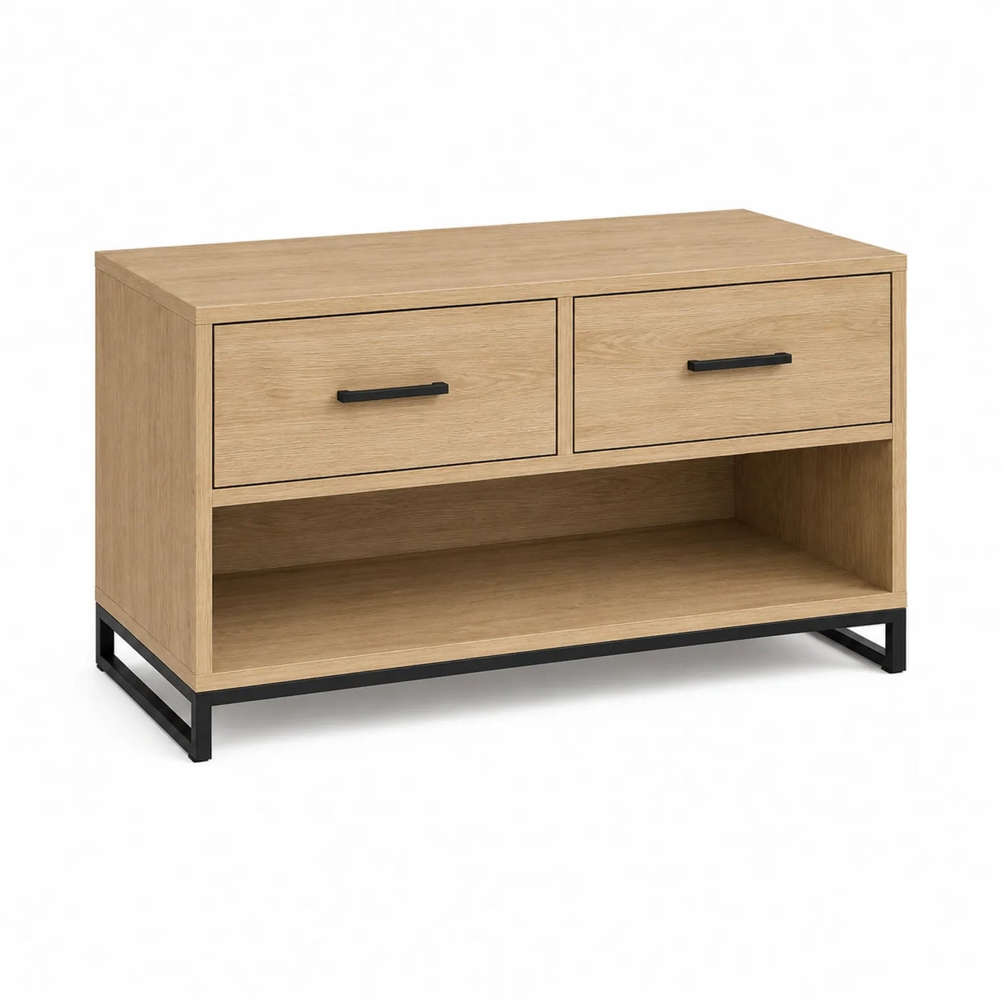 Szafka RTV 120 x 40 x 55 cm dąb naturalny z 2 szufladami i otwartą półką czarna metalowa podstawa