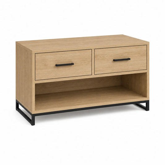Szafka RTV 120 x 40 x 55 cm dąb naturalny z 2 szufladami i otwartą półką czarna metalowa podstawa