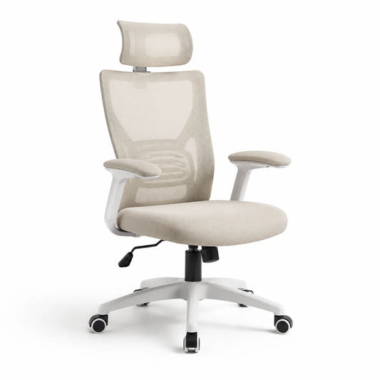 Fotel biurowy obrotowy z zagłówkiem siatka poliestrowa stal tworzywo 64 cm x 65 cm x 115-125 cm beżowy biały czarny