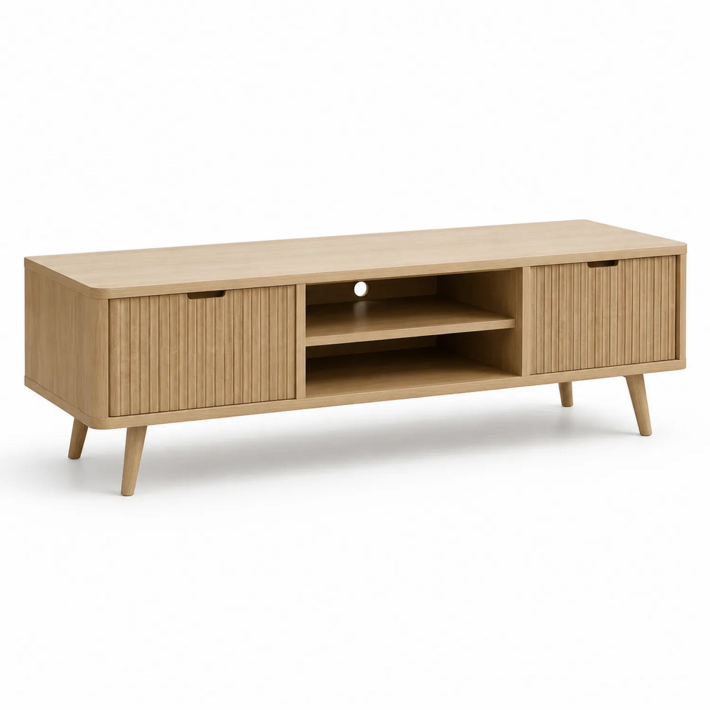 Szafka RTV 180 x 40 x 50 cm MDF dąb naturalny z ryflowanymi frontami i 2 drzwiami oraz otwartą półką