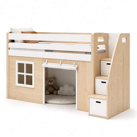Łóżko piętrowe domek dla dzieci 90 x 200 cm z szufladami i schodami drewno sosnowe MDF naturalne białe