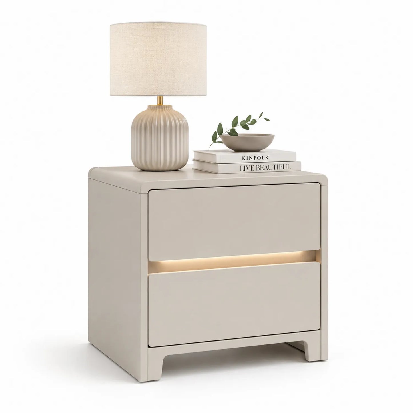 Szafka nocna 50 x 40 x 55 cm MDF lakierowana kremowa prostokątna z 2 szufladami i oświetleniem LED