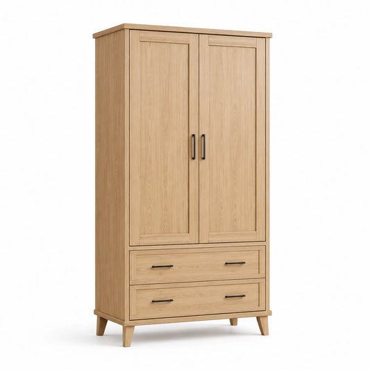 Szafa z 2 drzwiami i 2 szufladami 100 x 50 x 180 cm płyta laminowana MDF dąb naturalny czarne uchwyty prostokątna